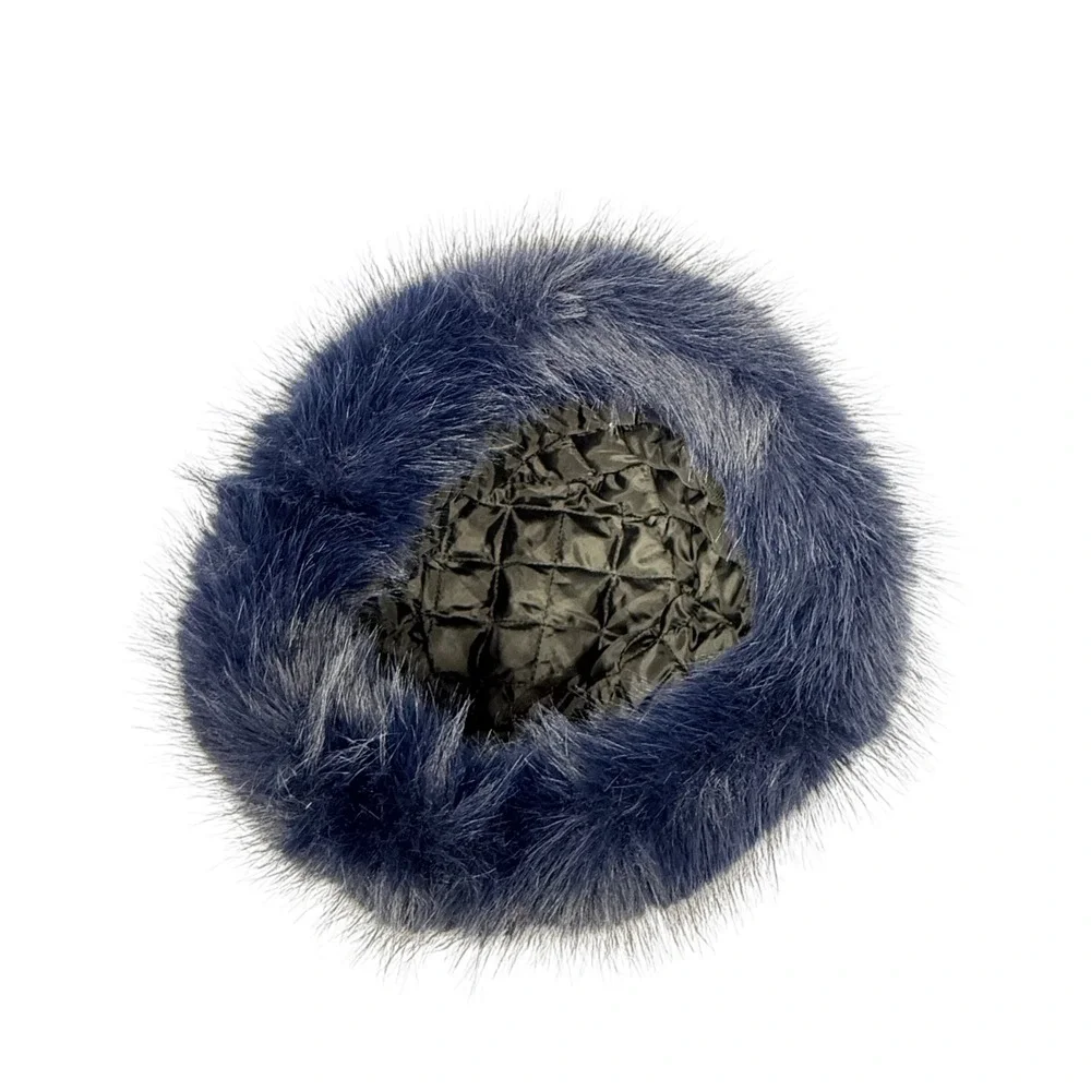 Navy Blue Faux Fur Pillbox Cloche Hat One Size Quilted Lining Winter Glam Retro